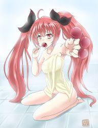 10s 1girl candy date_a_live food groin highres itsuka_kotori lollipop long_hair naked_towel open_mouth patty_(artist) red_eyes red_hair solo towel twintails rating:Questionable score:8 user:danbooru