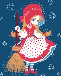  1girl alicia_(moomin) blue_background bonnet broom brown_hair clothes_lift dotted_line dress dress_lift fingernails full_body high_heels holding holding_broom limited_palette looking_at_viewer moomin nonana_(mikudrop) pantyhose pointy_nose red_bonnet red_dress red_footwear red_ribbon ribbon smile solo striped_clothes striped_pantyhose 