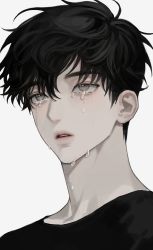  1boy black_hair black_shirt brown_hair crying crying_with_eyes_open eriol_s2 lips looking_away male_focus original parted_lips portrait shirt short_hair simple_background solo tears very_short_hair white_background  rating:Sensitive score:2 user:danbooru
