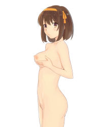  1girl ass breast_hold breasts brown_eyes brown_hair commentary_request completely_nude female_pubic_hair hair_between_eyes hair_ribbon hairband hands_on_own_chest looking_at_viewer medium_breasts multicolored_eyes navel nipples nishi_tanuki nude pubic_hair ribbon short_hair simple_background solo suzumiya_haruhi suzumiya_haruhi_no_yuuutsu thighs white_background yellow_hairband  rating:Questionable score:53 user:danbooru