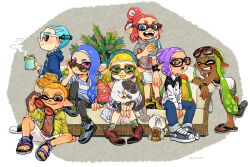  3boys 4girls :p ^_^ animal ankle_socks arm_support artist_name asymmetrical_hair bandana bare_shoulders between_legs black-framed_eyewear black_footwear black_pants blonde_hair blue_bandana blue_eyes blue_hair blue_hoodie blue_pants blue_shirt blush book bracelet brown_eyes cat closed_eyes closed_mouth collared_shirt colored_tongue commentary_request couch cup dark-skinned_female dark_skin drawstring dress dress_shirt drinking drinking_straw drinking_straw_in_mouth eyewear_on_head fangs flip-flops full_body glasses green_eyes green_hair green_jacket green_socks grey_eyes grey_footwear grey_shirt grin hair_bun hair_tie hanako515_ika hand_between_legs hand_on_own_cheek hand_on_own_face head_rest highres holding holding_animal holding_book holding_cat holding_cup holding_removed_eyewear hood hoodie inkling inkling_boy inkling_girl inkling_player_character jacket jewelry judd_(splatoon) juice_box li&#039;l_judd_(splatoon) long_hair long_sleeves looking_at_viewer looking_to_the_side medium_hair mug multicolored_socks multiple_boys multiple_girls nintendo no_socks on_couch on_floor one_eye_closed open_clothes open_jacket open_mouth orange_eyes orange_hair pants pink_eyes pointy_ears ponytail print_shirt purple_dress purple_hair purple_tongue pursed_lips red-framed_eyewear red-tinted_eyewear red_footwear red_hair red_shirt red_tongue sandals shirt shoes short_hair shorts sidelocks sideways_glance sitting skirt smile sneakers socks splatoon_(series) standing standing_on_one_leg striped_clothes striped_shirt sunglasses tank_top tentacle_hair thick_eyebrows tinted_eyewear tongue tongue_out twintails two-tone_shirt unworn_eyewear very_long_hair very_short_hair watch wavy_hair white-framed_eyewear white_shirt white_shorts white_skirt white_socks white_tank_top wristwatch yellow_footwear yellow_tongue 