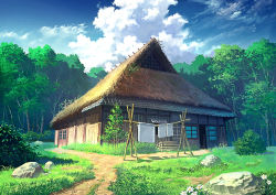 blanket blue_sky bush cloud daisy day door flower forest grass highres hut laundry naohiro nature no_humans original outdoors path realistic revision road rock rural scenery sky summer tree rating:General score:9 user:danbooru