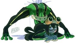  1girl artist_name ass asui_tsuyu banjabu belt bent_over bodysuit boku_no_hero_academia bow-shaped_hair female_focus frog_girl gloves goggles goggles_on_head green_bodysuit green_eyes green_hair hair_between_eyes hair_rings jack-o&#039;_challenge long_hair looking_at_viewer low-tied_long_hair meme parody pouring simple_background smile solo spread_legs superhero_costume very_long_hair water wet white_background  rating:Questionable score:161 user:danbooru