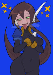 1girl aile_(mega_man_zx) brown_hair buzzlyears fangs green_eyes half-closed_eyes mega_man_zx own_hands_clasped ponytail smile tongue tongue_out