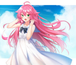  1girl :d absurdres ahoge back_bow black_bow black_bowtie blue_sky bow bowtie cloud cloudy_sky collarbone contrail double-parted_bangs dress fang floating_clothes floating_hair green_eyes hair_between_eyes hair_flaps hand_in_own_hair hand_up highres hoshino_reiji letterboxed light_blush long_dress long_eyelashes long_hair looking_at_viewer open_mouth original outside_border pink_hair sailor_collar sailor_dress sidelocks sky smile tsurime very_long_hair white_bow white_dress white_sailor_collar 