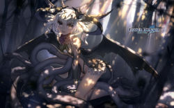  1girl animal_ears barefoot breasts copyright_name dappled_sunlight fangs forest heterochromia horns kneeling long_hair looking_at_viewer monster_girl nature observerz official_art open_mouth original outdoors signature small_breasts solo sunlight tail tentacles tree white_hair wings  rating:Sensitive score:14 user:danbooru