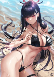  1girl alternate_costume arched_back beach bikini black_bikini black_hair black_nails blue_archive breasts bright_pupils criss-cross_halter hair_ornament hairclip halo halterneck highleg highleg_bikini large_breasts long_hair looking_at_viewer lying navel ocean okitakung on_side outdoors parted_lips red_eyes rio_(blue_archive) signature solo string_bikini swimsuit wet white_pupils 