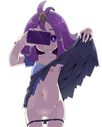  1girl :3 acerola_(pokemon) armpit_peek backlighting black_panties bright_pupils cellphone cleft_of_venus clothes_lift creatures_(company) dress dress_lift flat_chest flipped_hair game_freak gluteal_fold kago_no_tori lifted_by_self loli navel nintendo nipples panties panty_pull phone pokemon pokemon_sm presenting purple_hair pussy selfie short_hair simple_background sketch smartphone smile solo thigh_gap topknot torn_clothes torn_dress uncensored underwear white_background  rating:Explicit score:196 user:danbooru