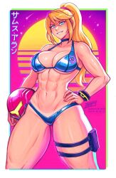  1girl adapted_costume bikini blue_bikini bracelet breasts chromatic_aberration cleavage helmet highres holding holding_helmet iahfy jewelry large_breasts looking_at_viewer metroid mole mole_under_mouth muscular muscular_female nintendo ponytail pouch samus_aran smile solo swimsuit tan tanline thigh_pouch thighs unworn_headwear unworn_helmet 