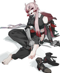  1girl absurdres arknights arm_support armor artist_name bandages bare_shoulders barefoot black_footwear black_nails black_pants breasts chinese_commentary clothing_cutout collared_shirt commentary_request crop_top er_ling_balu eyelashes feet footprints full_body hand_on_own_foot highres horns long_hair looking_at_viewer medium_breasts multicolored_hair nadin_(arknights) nail_polish on_ground open_mouth pants pink_hair pointing pointy_ears red_eyes red_hair sandals shadow shirt side_cutout sitting soles streaked_hair toenail_polish toenails toes unworn_sandals 