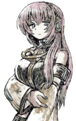  1girl arm_under_breasts armband black_vest blue_nails breasts brush_stroke collared_shirt detached_sleeves double-parted_bangs grey_eyes hair_ornament headphones highres jewelry kiyu_(yrstokrys) large_breasts long_hair looking_down megurine_luka midriff pink_hair shirt sidelocks solo vest vocaloid white_background 