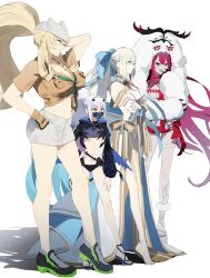  4girls abs absurdres arm_behind_head baobhan_sith_(fate) baobhan_sith_(swimsuit_pretender)_(fate) baobhan_sith_(swimsuit_pretender)_(first_ascension)_(fate) barefoot barghest_(fate) barghest_(swimsuit_archer)_(fate) barghest_(swimsuit_archer)_(first_ascension)_(fate) bikini black_bikini blonde_hair blue_eyes blue_nails bow braid breasts cernunnos_(fate) character_hood cleavage cropped_jacket crossed_arms detached_collar detached_sleeves fate/grand_order fate_(series) fingerless_gloves full_body gloves grey_eyes hand_on_own_hip hand_to_own_mouth hand_up hat headwear_with_attached_mittens high_heels highres hooded_shrug large_breasts long_hair mask melusine_(fate) melusine_(swimsuit_ruler)_(fate) melusine_(swimsuit_ruler)_(first_ascension)_(fate) microskirt morgan_le_fay_(fate) morgan_le_fay_(water_princess)_(fate) multiple_girls muscular muscular_female nail_polish navel ninjin_(ne_f_g_o) open_mouth pink_hair platform_footwear platform_heels ponytail red_nails revealing_clothes shadow shirt shoes short_shorts shorts shrug_(clothing) sidelocks simple_background skirt smile sneakers swimsuit thighs tiptoes toeless_footwear toenail_polish toenails very_long_hair white_bikini white_hair white_shorts yellow_eyes yellow_shirt 