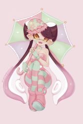 +_+ 1girl black_hair bow-shaped_hair callie_(splatoon) food food_on_head green_pantyhose highres holding holding_umbrella infamousavages inkling mole mole_under_eye multicolored_hair nintendo object_on_head official_alternate_costume open_mouth pantyhose parasol pink_background pink_footwear pink_hair pink_pantyhose short_jumpsuit signature simple_background sitting solo splatoon_(series) splatoon_1 splatoon_2 splatoon_3 striped_clothes striped_pantyhose sushi tentacle_hair umbrella yellow_eyes