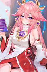  1girl absurdres animal_ears bare_shoulders book breasts cherry_blossoms commentary_request cowboy_shot detached_sleeves earrings falling_petals floppy_ears floral_print fox_ears genshin_impact hair_between_eyes highres holding holding_book japanese_clothes jewelry long_hair looking_at_viewer nyamo-lv0 parted_lips petals pink_hair purple_eyes red_skirt shirt sideboob skirt solo tree turtleneck very_long_hair white_shirt white_sleeves yae_miko 