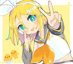  1girl aiming aiming_at_viewer akanbe bird black_sailor_collar blonde_hair blue_eyes blush bow chick detached_sleeves eyelid_pull foreshortening hair_between_eyes hair_bow hair_ornament hairclip headphones highres kagamine_rin korosuke_(kr0sk) leaning_to_the_side looking_at_viewer midriff_peek multicolored_hair neckerchief sailor_collar shirt short_hair smile solo tongue tongue_out v vocaloid white_bow white_shirt yellow_nails yellow_neckerchief yellow_theme 