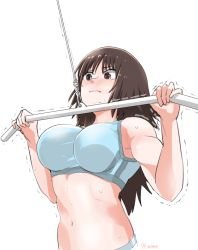 1girl black_eyes black_hair blue_sports_bra blush breasts closed_mouth commentary ei_(akinosakae) exercising frown girls_und_panzer large_breasts long_hair murakami_(girls_und_panzer) muscular muscular_female navel one-hour_drawing_challenge simple_background solo sports_bra standing sweat trembling twitter_username upper_body weightlifting white_background rating:Sensitive score:8 user:danbooru