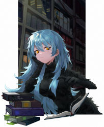  1girl absurdres angela_(project_moon) aqua_hair black_dress book bookshelf breasts closed_mouth commentary dress fur fur_dress hair_between_eyes hand_on_own_cheek hand_on_own_face highres kumo_(kumo_hsc0216) library library_of_ruina long_hair long_sleeves open_book orange_eyes project_moon slime_(substance) solo symbol-only_commentary upper_body  rating:Sensitive score:9 user:danbooru