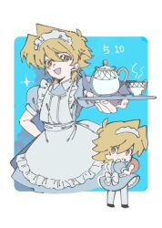  1boy apron back_bow black_footwear blonde_hair blue_background blue_dress bow brown_eyes chibi chibi_inset collared_dress crossdressing cup dated dress food food_on_face foreshortening full_body giving hand_on_own_hip hand_up highres holding holding_tray jonouchi_katsuya leggings looking_back maid maid_apron maid_day maid_headdress male_focus open_mouth puffy_short_sleeves puffy_sleeves short_hair short_sleeves smile sparkle tagiriyu5 teacup tray white_leggings yu-gi-oh! yu-gi-oh!_duel_monsters 
