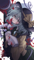  1girl absurdres blood blood_on_face blood_splatter blue_gemstone bow collared_shirt commentary_request flower frilled_shirt_collar frilled_sleeves frills gem green_eyes green_hair green_nails green_skirt hat hat_bow heart heart_of_string highres holding_vase komeiji_koishi long_hair long_sleeves looking_at_viewer open_mouth shirt skirt smile solo tadano1129 third_eye touhou white_flower wide_sleeves yellow_bow yellow_shirt 