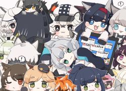 ! 1other 2boys 6+girls :3 :d aak_(arknights) ambiguous_gender animal_ear_fluff animal_ears animal_hands arknights black_cape black_footwear black_gloves black_hair black_headwear black_jacket black_shirt blaze_(arknights) blonde_hair blue_eyes boots braid broca_(arknights) brown_background brown_hair cabbie_hat cameo cape cat_ears chibi cliffheart_(arknights) closed_mouth colored_eyelashes commentary computer cup doctor_(arknights) error_message fang flower folinic_(arknights) fur-trimmed_cape fur_trim gloves green_eyes green_hair grey_eyes grey_gloves grey_hair hair_flower hair_ornament hairband hat haze_(arknights) hood hood_up hooded_jacket indra_(arknights) jacket jessica_(arknights) kal&#039;tsit_(arknights) laptop leopard_ears long_hair lying melantha_(arknights) mini_person minigirl mint_(arknights) mousse_(arknights) mug multicolored_hair multiple_boys multiple_girls nightmare_(arknights) on_side one_eye_closed open_clothes open_jacket open_mouth orange_hair parted_lips paw_gloves phantom_(arknights) ponytail pramanix_(arknights) purple_eyes purple_hair red_hair red_hairband rosmontis_(arknights) schwarz_(arknights) shirt shoe_soles silverash_(arknights) simple_background skyfire_(arknights) smile someyaya spoken_exclamation_mark streaked_hair sweat swire_(arknights) thick_eyebrows too_many very_long_hair waai_fu_(arknights) white_hair white_headwear white_jacket white_shirt witch_hat yellow_eyes rating:General score:9 user:danbooru