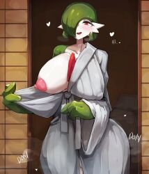  1girl absurdres alternate_breast_size blush bob_cut breasts colored_skin commentary cowboy_shot creatures_(company) curvy english_commentary english_text game_freak gardevoir gen_3_pokemon green_hair green_skin grey_kimono hair_between_eyes hair_over_one_eye heart highres huge_breasts japanese_clothes kimono long_bangs looking_at_viewer multicolored_skin my700 nintendo nipples open_mouth pokemon pokemon_(creature) red_eyes short_hair smile solo steaming_body two-tone_skin white_skin 