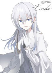  1girl :d black_necktie blue_eyes character_name chihuri collared_shirt commentary_request earrings ende_(chihuri) gloves grey_hair grey_skirt grey_vest hair_between_eyes hair_intakes highres jacket jewelry long_hair looking_at_viewer necktie open_clothes open_jacket open_mouth original shirt simple_background skirt smile solo stud_earrings very_long_hair vest white_background white_gloves white_jacket white_shirt 