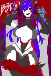  1girl ahoge another_dark_mai blazblue blazblue_alternative:_dark_war blue_hair breasts claws fangs highres horn_ornament horns large_breasts mai_natsume pale_skin red_eyes t4k4_74 tail wide_hips  rating:Questionable score:12 user:narutarublackshooter