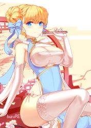  1girl bare_shoulders bizure: blonde_hair blue_bow blue_eyes blush bow braid braided_bun breasts cherry_blossoms china_dress chinese_clothes chinese_new_year cleavage covered_erect_nipples double_bun doughnut_hair_bun dress elbow_gloves eyes_visible_through_hair flower folded_fan folding_fan gloves hair_bow hair_bun hand_fan highres holding holding_fan large_breasts medium_hair original petals signature sitting smile solo thighhighs tree white_flower white_gloves white_thighhighs 