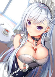 1girl azur_lane belfast_(azur_lane) blush braid breast_hold breasts bust_cup chain cleavage closed_mouth collar collarbone corset cup dutch_angle french_braid frills indoors large_breasts long_hair looking_at_viewer maid maid_headdress pink_lips purple_eyes seductive_smile silver_hair smile solo swept_bangs table tea teacup vambraces very_long_hair window yuunagi_(0217) rating:Questionable score:25 user:danbooru