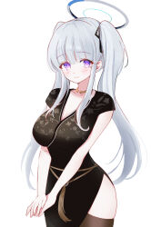  1girl absurdres alternate_costume ash_(cat7evy) black_dress black_thighhighs blue_archive blush breasts china_dress chinese_clothes closed_mouth collarbone cosplay cowboy_shot dress grey_hair halo highres large_breasts long_hair looking_at_viewer mabinogi mechanical_halo nao_(mabinogi) nao_(mabinogi)_(cosplay) noa_(blue_archive) purple_eyes short_sleeves simple_background smile solo thighhighs white_background 