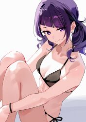 1girl :&gt; bare_arms bare_legs bare_shoulders bikini black_bikini breasts closed_mouth commentary_request diagonal_bangs highres hugging_own_legs idolmaster idolmaster_shiny_colors kinjin knees_up long_hair looking_at_viewer medium_breasts purple_eyes purple_hair solo swimsuit tanaka_mamimi twintails white_background  rating:Sensitive score:4 user:danbooru