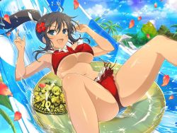  1girl bare_hips bare_legs bare_shoulders beach_chair bikini black_hair breasts cameltoe floatie flower green_eyes hair_flower hair_ornament hair_ribbon highres homura_(senran_kagura) legs long_hair lying open_mouth palm_tree petals pool red_bikini ribbon rose_petals senran_kagura spread_legs swimsuit thick_thighs thighs tree underboob water water_slide wet  rating:Questionable score:33 user:A2SQ
