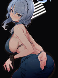  1girl ako_(blue_archive) ako_(dress)_(blue_archive) ass back backless_dress backless_outfit bare_shoulders blue_archive blue_dress blue_eyes blue_hair blush breasts chain covering_ass covering_privates cuffs dress hair_between_eyes hairband halo highres large_breasts looking_at_viewer looking_back medium_hair official_alternate_costume shackles sideboob solo vane_(vane0)  rating:Sensitive score:10 user:danbooru