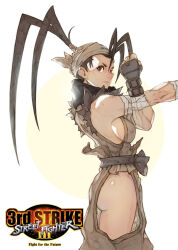  1girl absurdres antenna_hair ass bandaged_arm bandages belt black_hair breasts brown_eyes commentary cowboy_shot cross-body_stretch dovi english_commentary fingerless_gloves from_side gloves highres hip_vent ibuki_(street_fighter) japanese_clothes large_breasts logo ninja serious sideboob sleeveless solo street_fighter stretching toned 