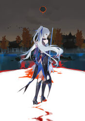  1girl absurdres architecture bare_shoulders bird black_footwear black_gloves blood_trail blue_dress blue_ribbon blue_sleeves commentary_request dress east_asian_architecture flock from_behind full_body gloves gohanduck hair_over_mouth highres holding holding_sword holding_weapon honkai:_star_rail honkai_(series) jingliu_(honkai:_star_rail) long_hair looking_at_viewer looking_back outdoors ponytail red_eyes ribbon sideways_glance sleeveless sleeveless_dress solo sword very_long_hair walking water weapon white_hair 