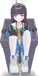  1girl absurdres ahoge animal_ears arrow_(symbol) artist_request binoculars black_gloves black_hair blue_archive blue_shirt blunt_bangs blush feet_on_toy female_focus fire fire holding_with_feet from_above frown full_body gloves green_neckerchief gun halo highres holding holding_weapon in_container in_trash_can knee_pads long_sleeves looking_at_viewer looking_up miyu_(blue_archive) neckerchief recycle_bin recycling_symbol red_eyes school_uniform serafuku shirt shoes single_knee_pad sneakers solo weapon weapon_request white_footwear  rating:General score:10 user:KrugKrugKrug
