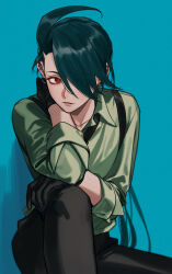  1girl absurdres ahoge androgynous black_gloves black_necktie blue_background bright_pupils collarbone collared_shirt commentary cowboy_shot creatures_(company) ear_piercing elbow_on_knee elbow_rest game_freak gloves green_hair green_shirt hair_over_one_eye hand_on_own_knee highres itou_(very_ito) long_hair looking_to_the_side necktie nintendo one_eye_covered parted_lips piercing pokemon pokemon_sv ponytail red_eyes reverse_trap rika_(pokemon) shirt sideways_glance simple_background sitting solo suspenders swept_bangs white_pupils  rating:General score:7 user:danbooru