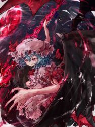  1girl ascot bat_wings blue_hair dress hat highres holding holding_weapon looking_at_viewer mob_cap myui17901139 red_ascot red_eyes red_ribbon remilia_scarlet ribbon short_hair smile solo spear_the_gungnir touhou weapon white_dress wings 