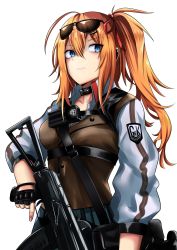  1girl blue_eyes breasts closed_mouth cowboy_shot expressionless eyewear_on_head girls&#039;_frontline griffin_&amp;_kryuger grifon_&amp;_kryuger gun hair_between_eyes hair_ornament hair_ribbon highres holding holding_gun holding_weapon kalina_(girls&#039;_frontline) long_hair looking_at_viewer official_alternate_costume orange_hair pleated_skirt red_ribbon rei rei0 ribbon shirt side_ponytail simple_background skirt solo sunglasses weapon white_background 