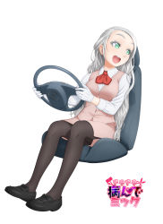  1girl :d aqua_eyes black_footwear black_pantyhose chair copyright_name dokidoki_yandemic driving full_body gloves long_hair long_sleeves looking_to_the_side open_mouth pantyhose pink_skirt red_neckwear shoes simple_background sitting skirt smile solo steering_wheel very_long_hair white_background white_gloves white_hair zenzai zenzai_(zenzaio72) 
