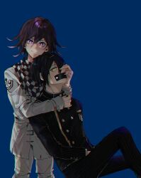  2boys absurdres ahoge black_hair blue_background blush checkered_clothes checkered_scarf closed_mouth commentary_request danganronpa_(series) danganronpa_v3:_killing_harmony deha_(dayhi_210916) flipped_hair formal gag hair_between_eyes highres hug hug_from_behind improvised_gag jacket knee_up long_sleeves looking_at_viewer male_focus multiple_boys oma_kokichi own_hands_together pants pinstripe_pattern pinstripe_suit profile purple_eyes purple_hair saihara_shuichi scarf short_hair sidelighting sitting smile standing straitjacket striped_clothes striped_jacket striped_pants suit tape tape_gag yaoi yellow_eyes 