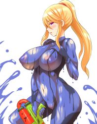 1girl blonde_hair blush bodypaint breasts false_clothes female_focus hand_on_own_chest huge_nipples konno_tohiro large_breasts long_hair looking_at_viewer metroid naked_paint navel nintendo nipples nude paint_splatter painted_clothes ponytail purple_eyes pussy samus_aran simple_background solo splatoon_(series) splatoon_1 splattershot_(splatoon) super_soaker uncensored white_background zero_suit rating:Explicit score:166 user:danbooru