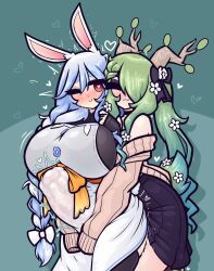  2girls animal_ears blue_hair blush bow braid breasts ceres_fauna choker closed_eyes commentary cowboy_shot english_commentary futa_with_female futanari green_hair hair_between_eyes hair_bow hair_over_one_eye heart heart-shaped_pupils highres hololive hololive_english hug hug_from_behind huge_breasts huge_penis large_insertion limebreaker mature_female multiple_girls one_eye_closed pekomama penis pussy_juice rabbit_ears rabbit_girl rabbit_tail sex sex_from_behind skirt smile standing standing_sex stomach_bulge sweat symbol-shaped_pupils tail thighhighs trembling twintails virtual_youtuber  rating:Explicit score:74 user:danbooru