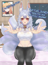  1girl animal_ears asking_for_a_hug bell black_leggings breasts come_hither eddarxart elf english_text ethyria facepaint fox_ears fox_girl fox_tail highres large_breasts large_ears leggings looking_at_viewer mature_female meme midriff mother_and_daughter motherly multiple_tails my_little_pogchamp_(meme) navel nijisanji nijisanji_en nina_kosaka outstretched_arms pogchamp_(meme) pointy_ears pomu_rainpuff presenting reaching reaching_towards_viewer red_eyes self-upload sharp_teeth sitting solo spread_arms tail talking teeth virtual_youtuber white_hair white_tail 