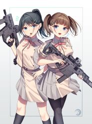 2girls angel_ina artist_logo black_hair black_pantyhose blue_eyes breasts brown_hair character_request commission dress folding_stock grey_dress gun highres kriss_vector looking_at_viewer lycoris_recoil lycoris_uniform minidress multiple_girls muzzle_device pantyhose pixiv_commission rail_(weapon) scope smile submachine_gun trigger_discipline two-tone_dress weapon