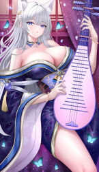  animal_ears azur_lane blue_butterfly blue_eyes breasts bug butterfly choker cleavage falling_petals fox_ears head_tilt highres holding holding_instrument insect instrument japanese_clothes kimono large_breasts long_hair open_clothes open_kimono open_mouth petals shamisen shinano_(azur_lane) tina_(tinafya) white_hair 