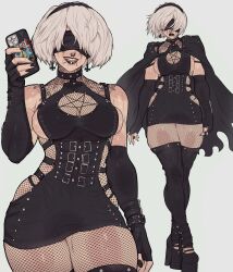  2024 2b_(nier:automata) alternate_costume cellphone commentary ear_piercing english_commentary fishnets goth_fashion highres holding holding_phone lip_piercing nier:automata nier_(series) nose_piercing phone piercing white_background white_hair yoracrab 