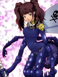  1girl atlus beelzebub_(megami_tensei) breasts brown_eyes brown_hair corruption costume covered_erect_nipples earrings extra_arms jewelry kujikawa_rise lips necklace persona persona_4 ryuney skull skull_and_crossbones staff sweatdrop transformation twintails wings  rating:Questionable score:8 user:rpgman1
