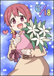 1girl :d black_border border bouquet brown_eyes commentary_request dated dot_nose flower heart holding holding_bouquet lily_(flower) long_hair long_sleeves looking_at_viewer murosaki_miyo nekotoufu official_art onii-chan_wa_oshimai! open_mouth red_hair simple_background smile solo star_(symbol) starry_background rating:General score:1 user:danbooru