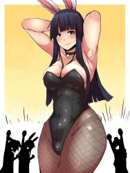  4girls animal_ears armpits arms_up bell black_hair black_leotard blush breasts brown_eyes cleavage closed_mouth commentary_request fishnet_pantyhose fishnets highres houraisan_kaguya inaba_tewi large_breasts leotard long_hair looking_at_viewer multiple_girls neck_bell pantyhose rabbit_ears rabbit_tail reisen_udongein_inaba solo_focus starraisins tail touhou yagokoro_eirin yellow_background  rating:Sensitive score:25 user:danbooru